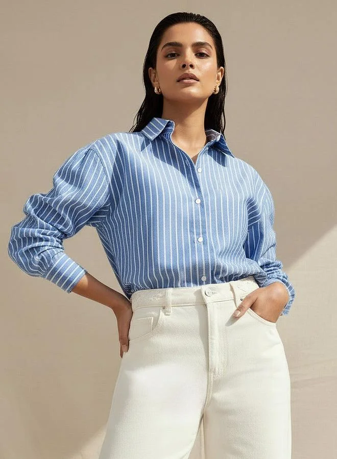 لي كوبر Lee Cooper Cotton Longline Oxford Shirt with Stripes